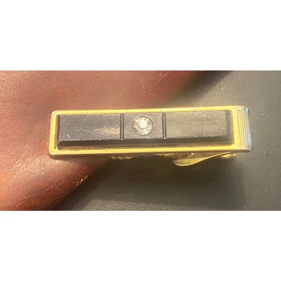 VTG Gold Tone and Black Tie Bar with Rhinestone.....1 3/4" - Picture 1 of 3